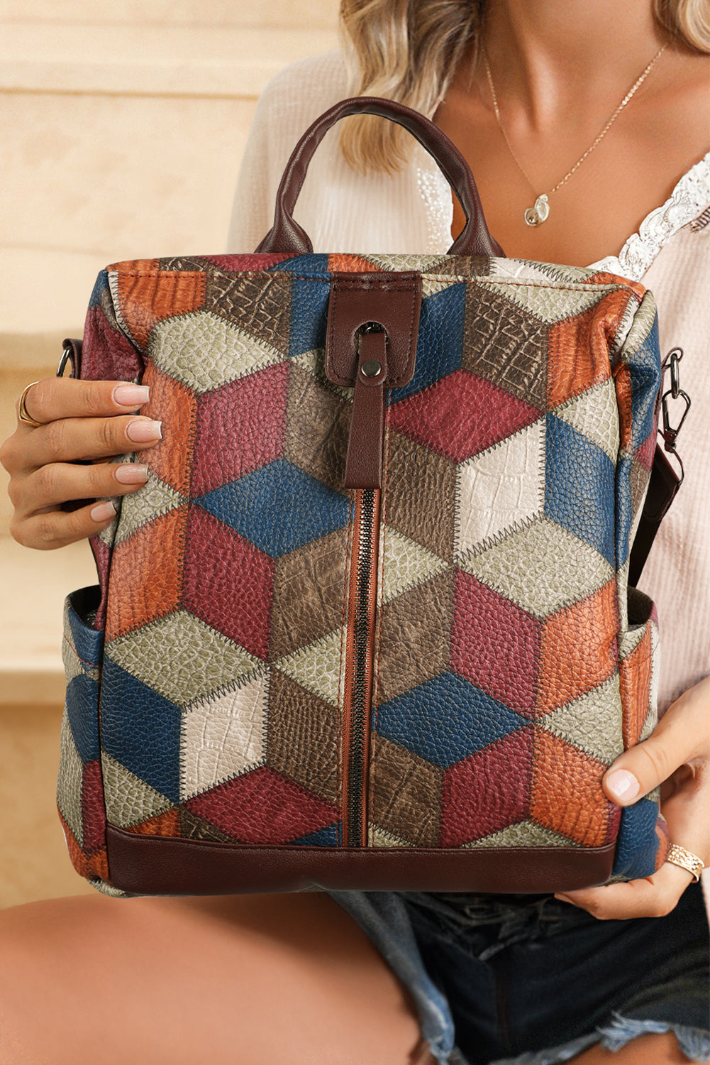 Chestnut Geometric Soft PU Leather Large Convertible Backpack Backpacks JT's Designer Fashion