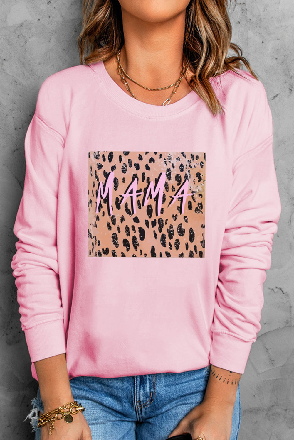 Pink MAMA Leopard Color Block Drop Sleeve Pullover Sweatshirt Graphic Sweatshirts JT's Designer Fashion