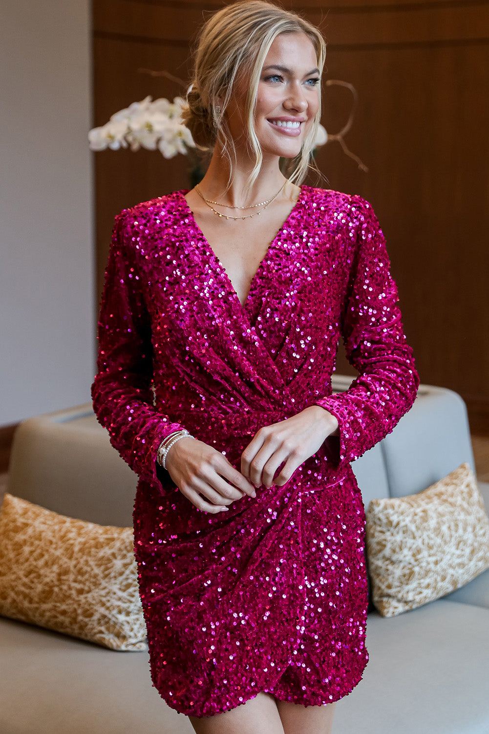 Pitaya Pink Velvet Sequin Long Sleeve V Neck Wrapped Mini Dress Sequin Dresses JT's Designer Fashion