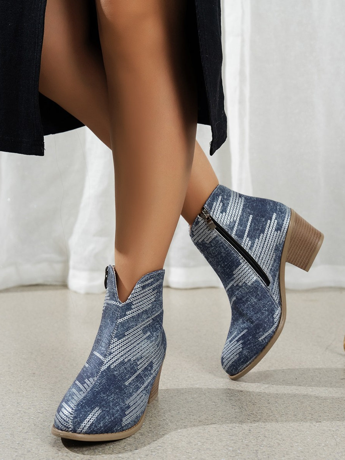 Printed Block Heel Boots with Side Zip Blue Boots JT's Designer Fashion