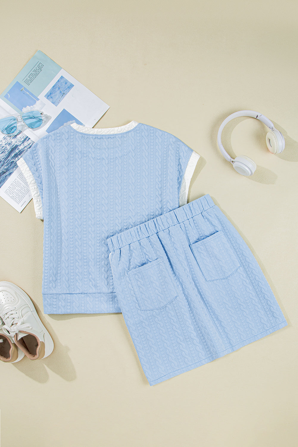Beau Blue Contrast Trim Textured Crewneck Tee and Pocketed Skirt Set Two Piece Dresses JT's Designer Fashion