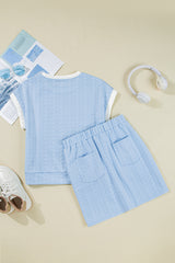 Beau Blue Contrast Trim Textured Crewneck Tee and Pocketed Skirt Set Two Piece Dresses JT's Designer Fashion