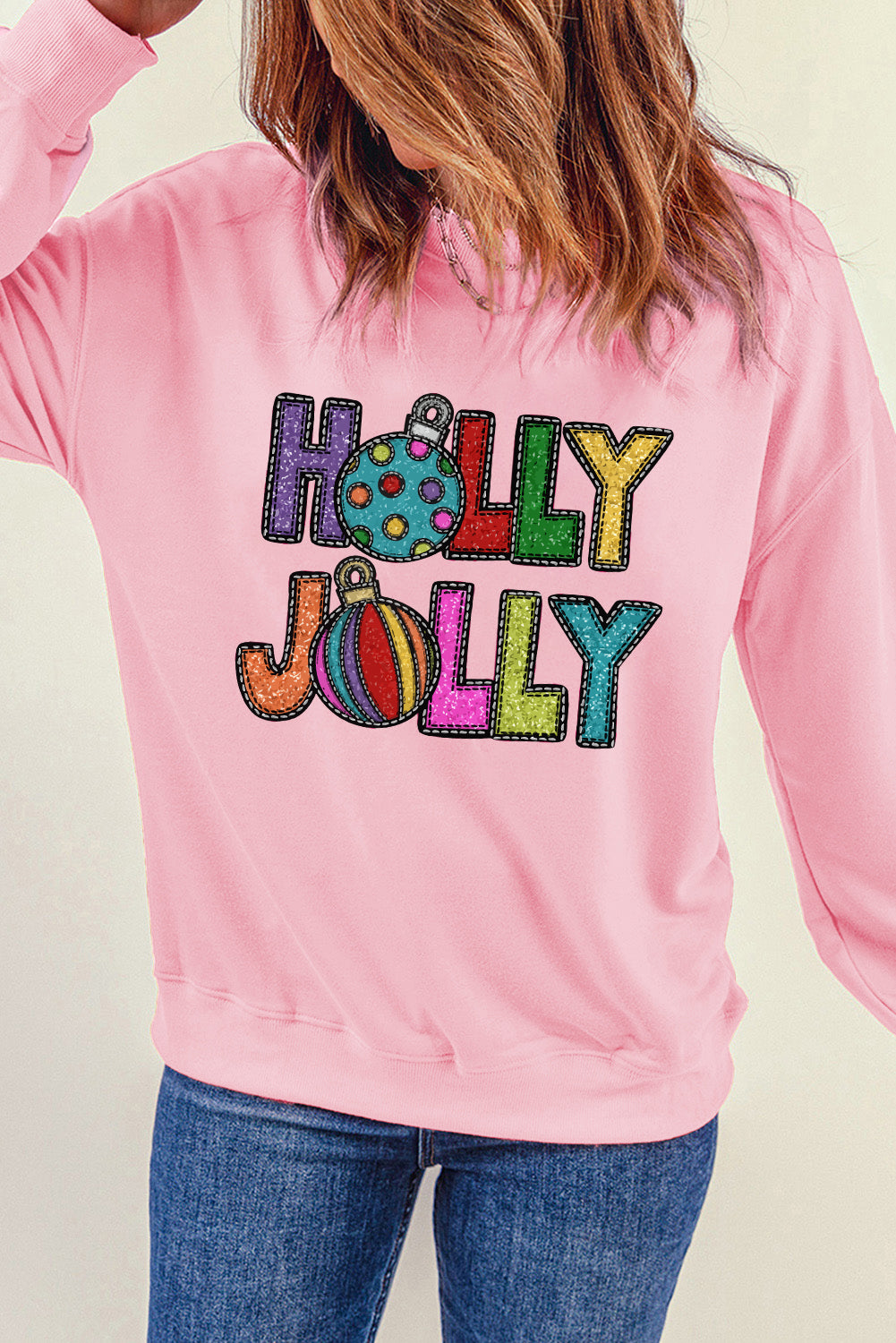 Pink HOLLY JOLLY Christmas Festive Letter Graphic Sweatshirt Graphic Sweatshirts JT's Designer Fashion