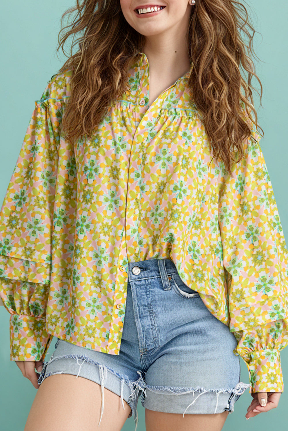 Green Boho Floral Print Frilly Detail Puff Sleeve Shirt Blouses & Shirts JT's Designer Fashion