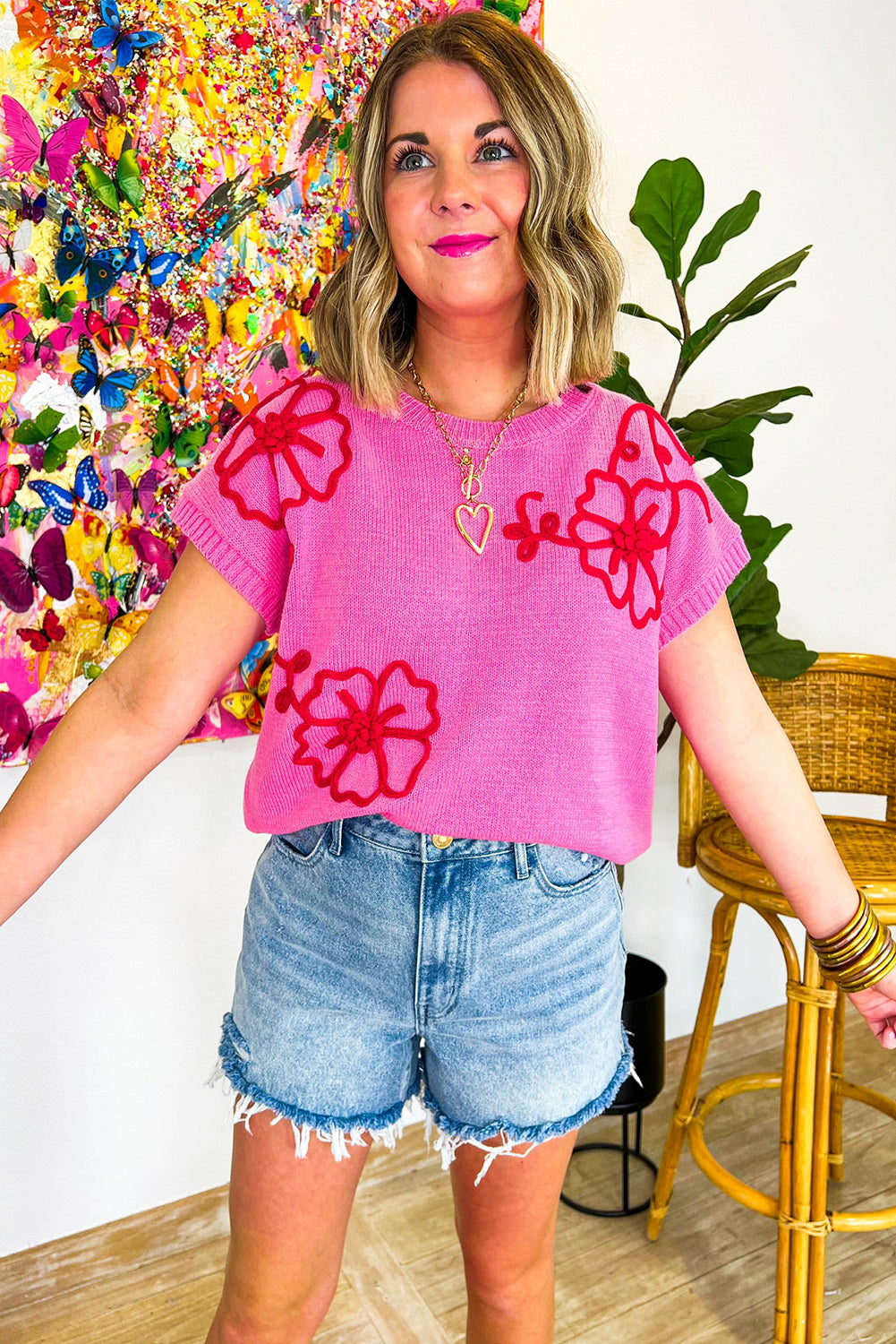 Bright Pink Corded Flower Embroidery Short Sleeve Knitwear Top Pre Order Sweaters & Cardigans JT's Designer Fashion