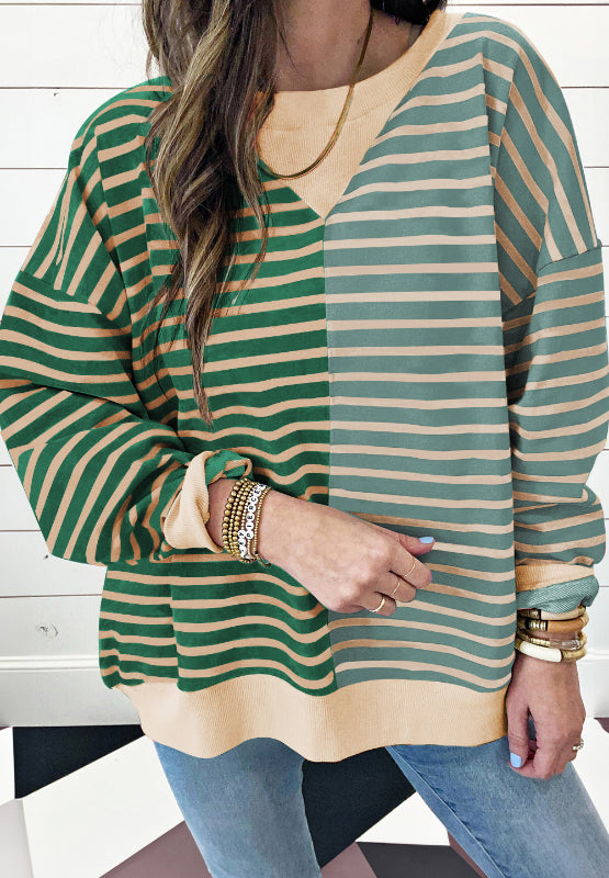 Contrast Striped Round Neck Long Sleeve Sweatshirt Green Long Sleeve Tops JT's Designer Fashion