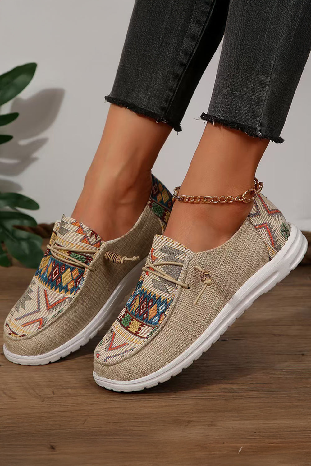 Beige Geometric Lace-up Decor Slip On Shoes Women's Shoes JT's Designer Fashion