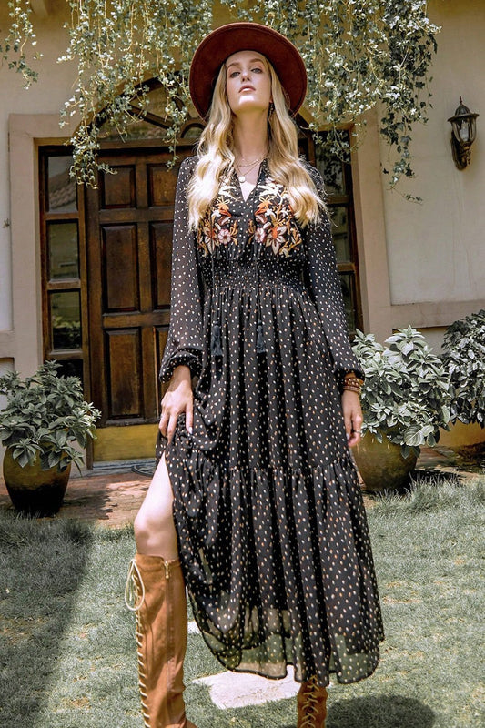 Embroidered Polka Dot Tie Neck Long Sleeve Midi Dress Black Maxi Dresses JT's Designer Fashion