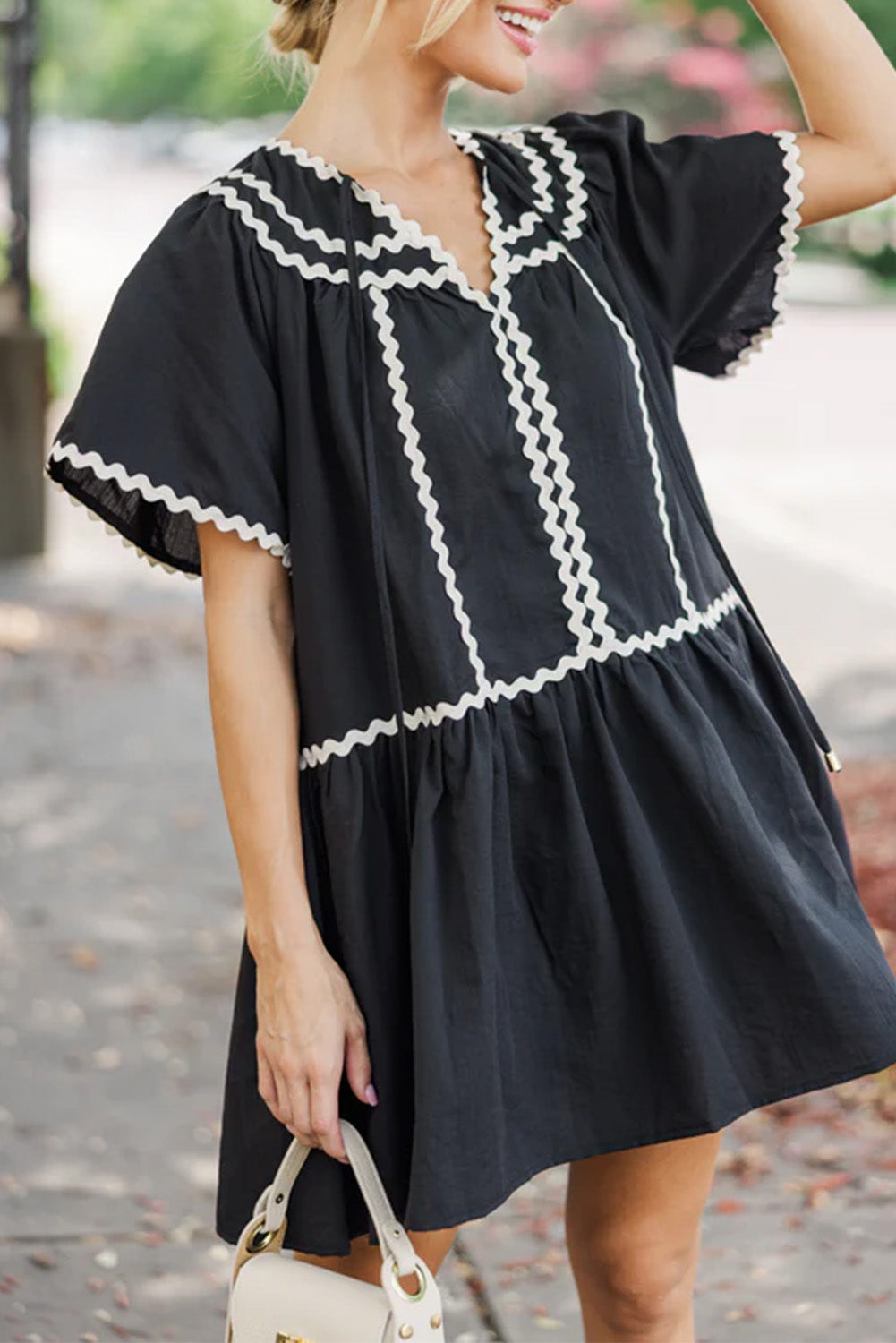 Black Contrast Ricrac Trim Short Sleeve V Neck Loose Mini Dress Mini Dresses JT's Designer Fashion