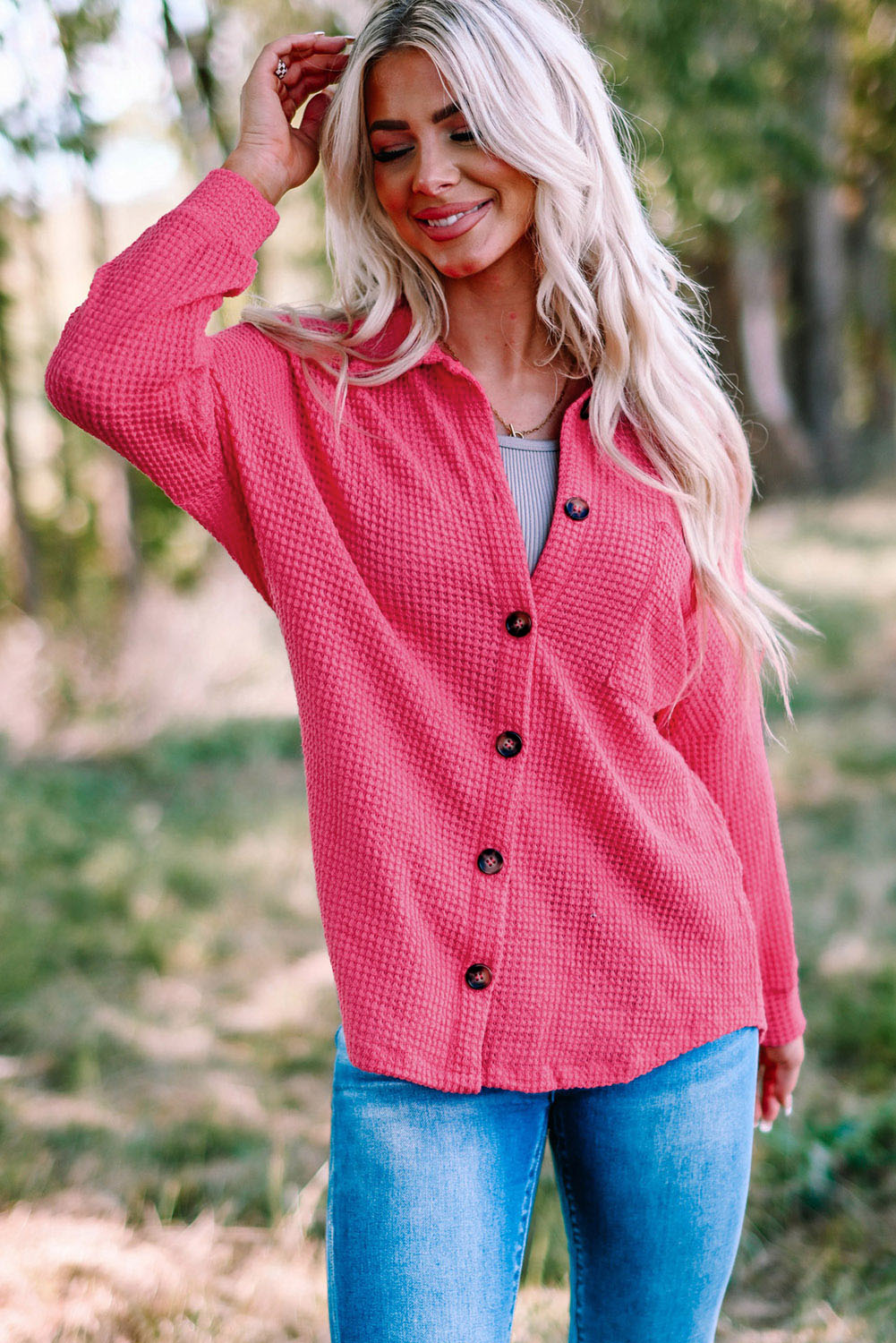 Pink Waffle Knit Button Up Casual Shirt Blouses & Shirts JT's Designer Fashion