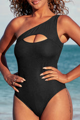 Black Ribbed One Shoulder Hollowed One Piece Swimsuit Swimwear JT's Designer Fashion