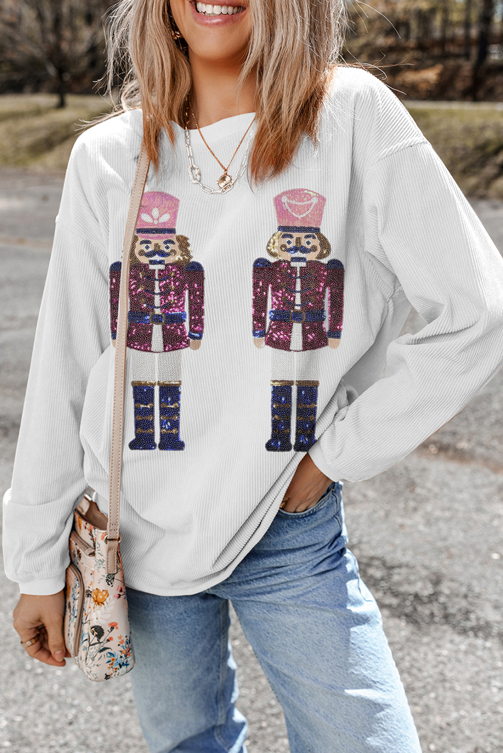 White Sequined Nutcracker Doll Christmas Fashion Corded Baggy Sweatshirt Graphic Sweatshirts JT's Designer Fashion