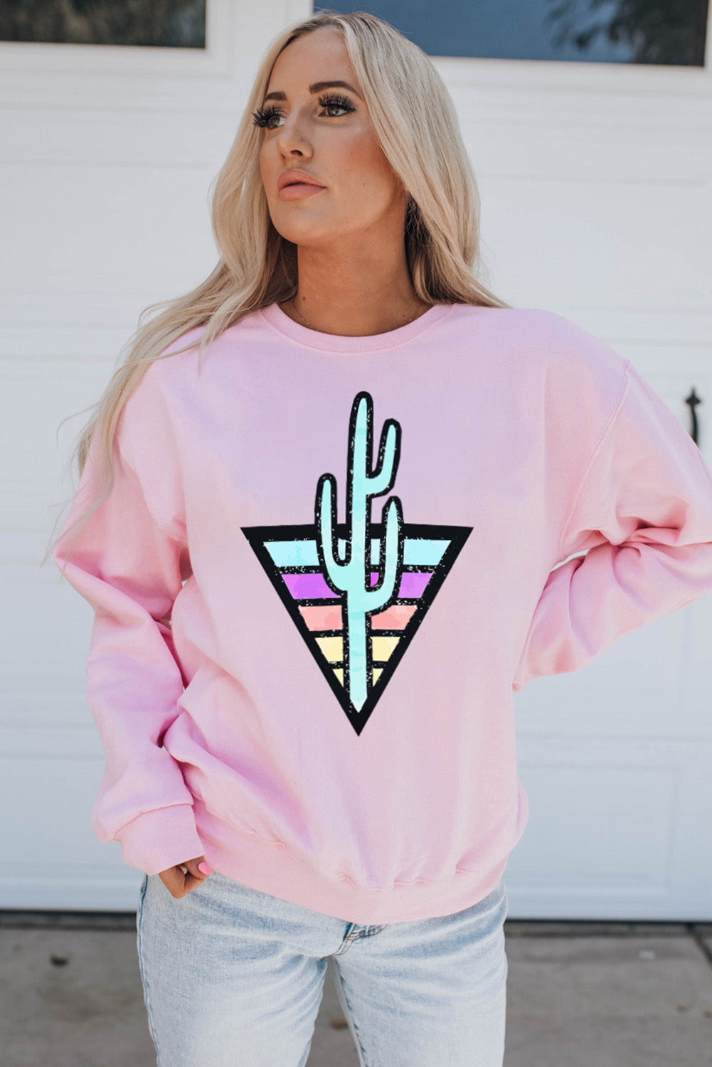 Pink Western Cactus Color Block Pullover Sweatshirt Graphic Sweatshirts JT's Designer Fashion