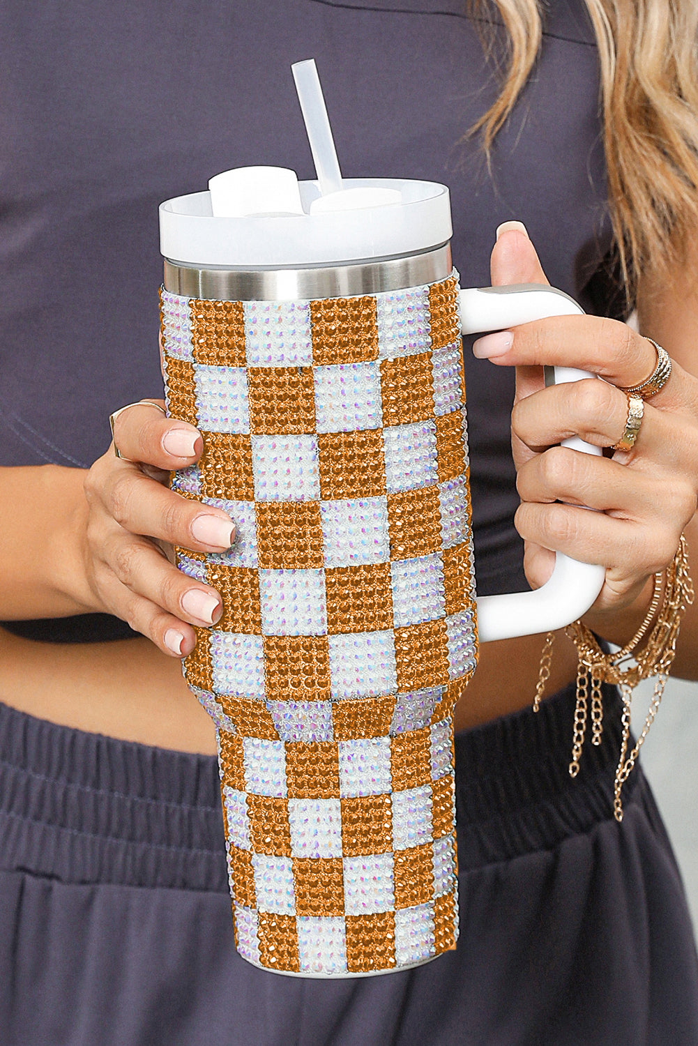 Ginger Full Rhinestone Checkerboard Handled Tumbler 40oz Tumblers JT's Designer Fashion