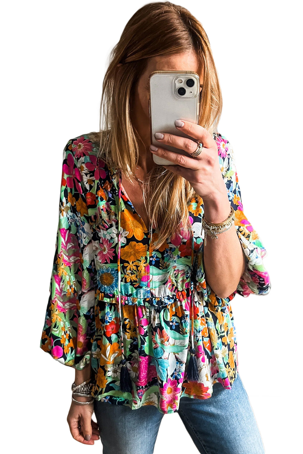 Multicolour Floral Print Bubble Sleeve V Neck Ruffled Blouse Blouses & Shirts JT's Designer Fashion