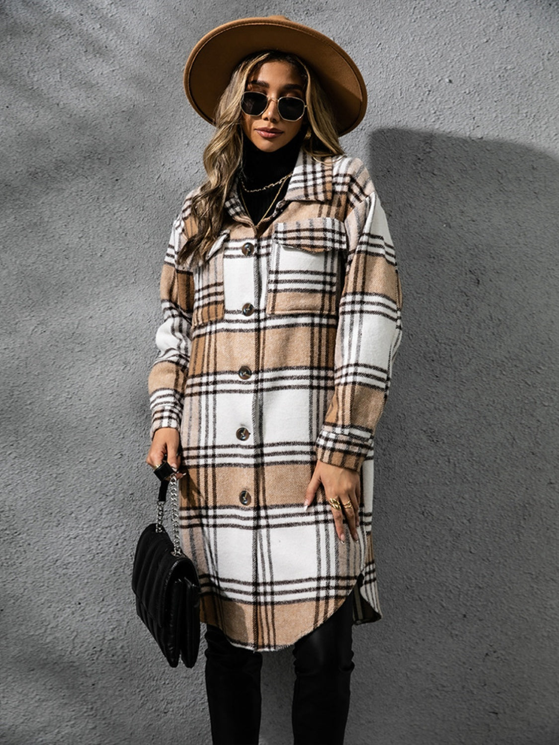 Plaid Collared Neck Long Sleeve Coat Coats & Jackets JT's Designer Fashion