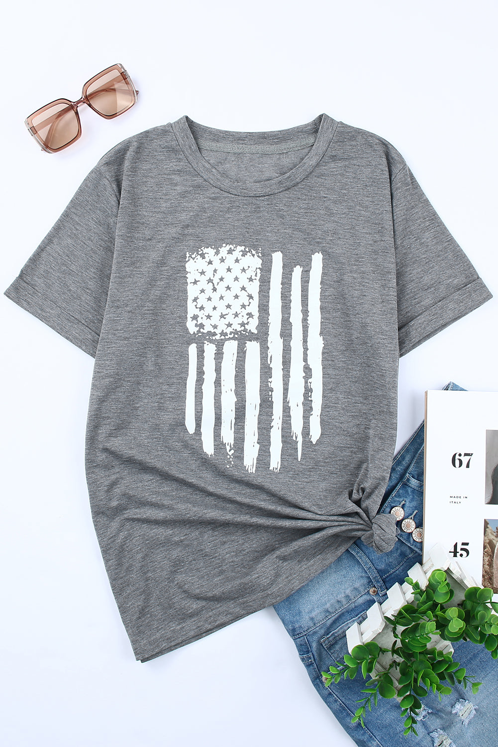 Gray America Flag Print Crewneck T-shirt Graphic Tees JT's Designer Fashion