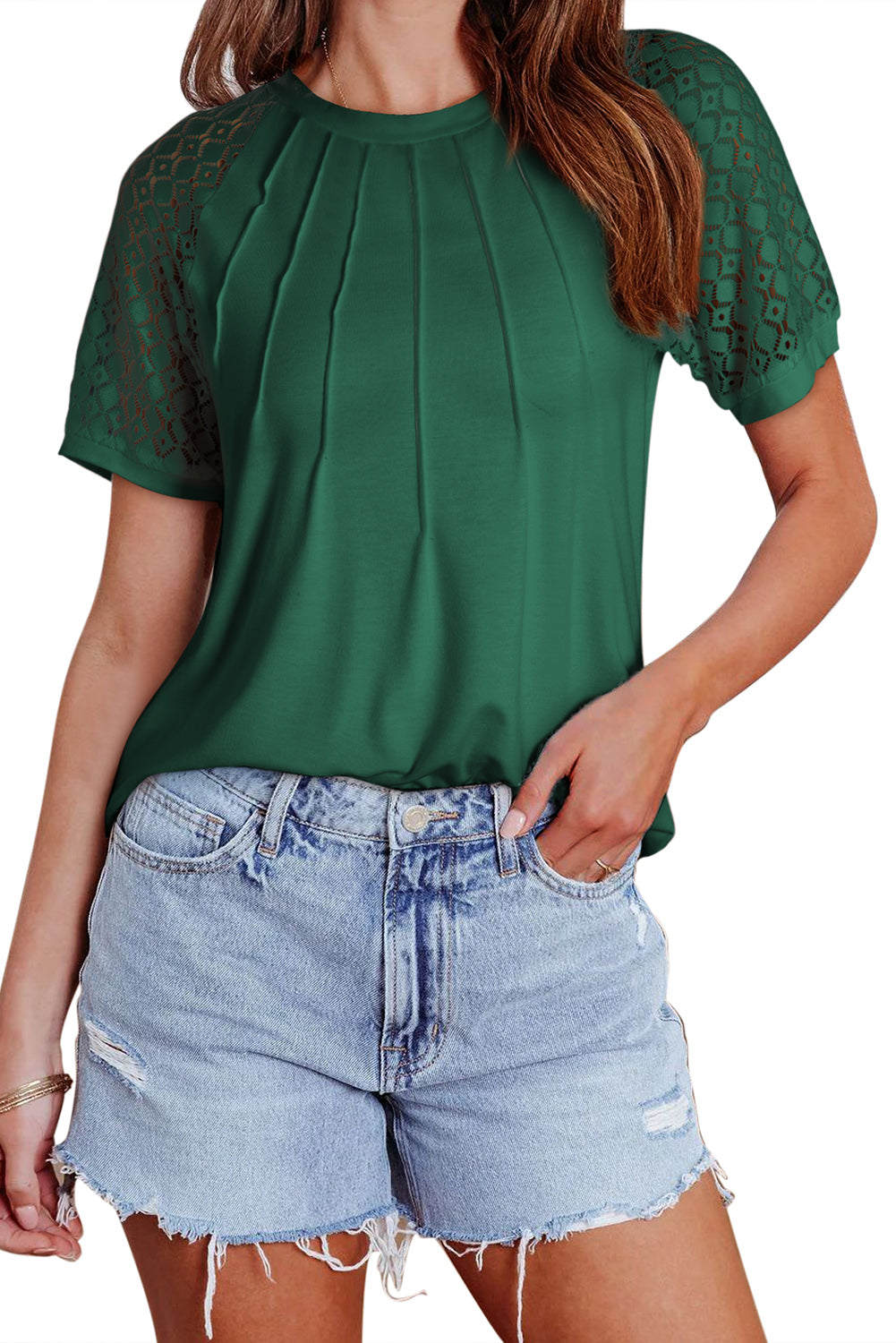 Blackish Green Seamed Detail Contrast Lace Raglan Sleeve Tee Pre Order Tops JT's Designer Fashion