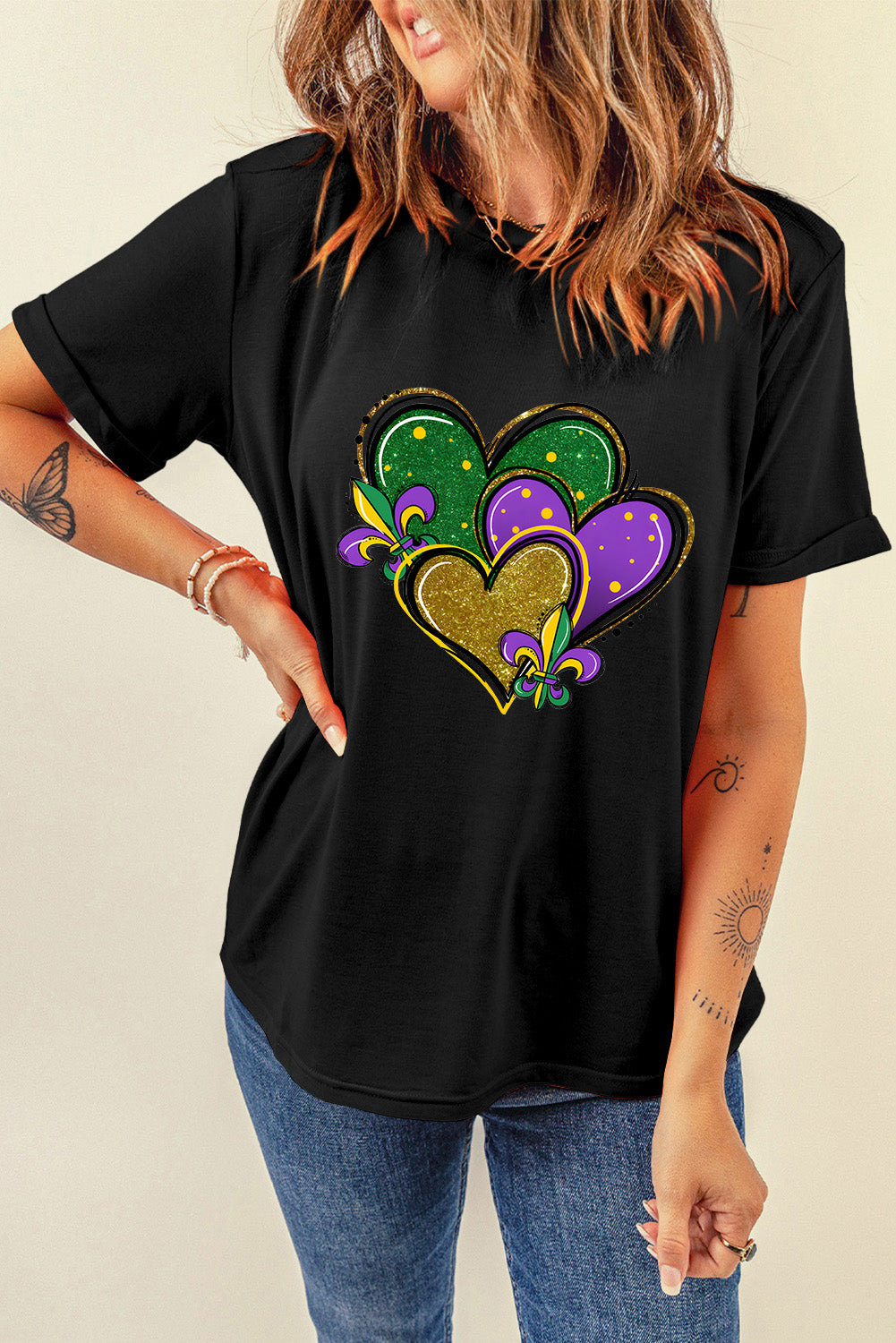 Black Fleur de Lis Heart Printed Mardi Gras T Shirt Graphic Tees JT's Designer Fashion