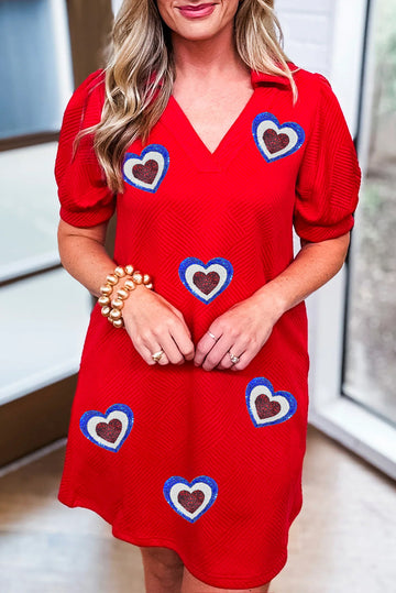Fiery Red Heart Shape Patchwork Textured Collared V Neck Mini Dress