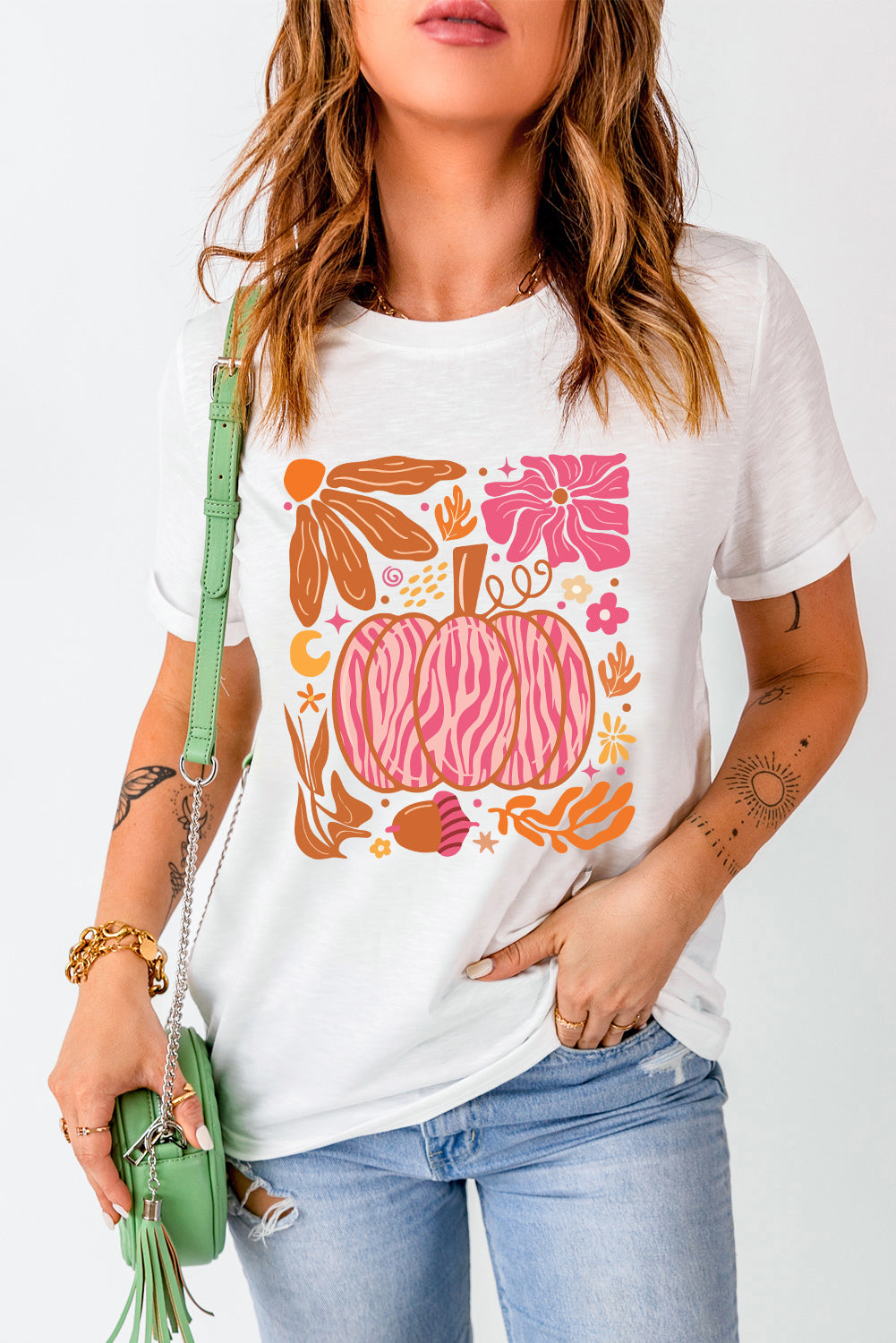 White Floral Pumpkin Printed Crewneck Thanksgiving T Shirt Graphic Tees JT's Designer Fashion