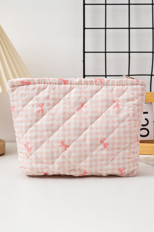 Pink Bow Knot Print Zipper Quilted Large Cosmetic Bag Makeup Bags JT's Designer Fashion