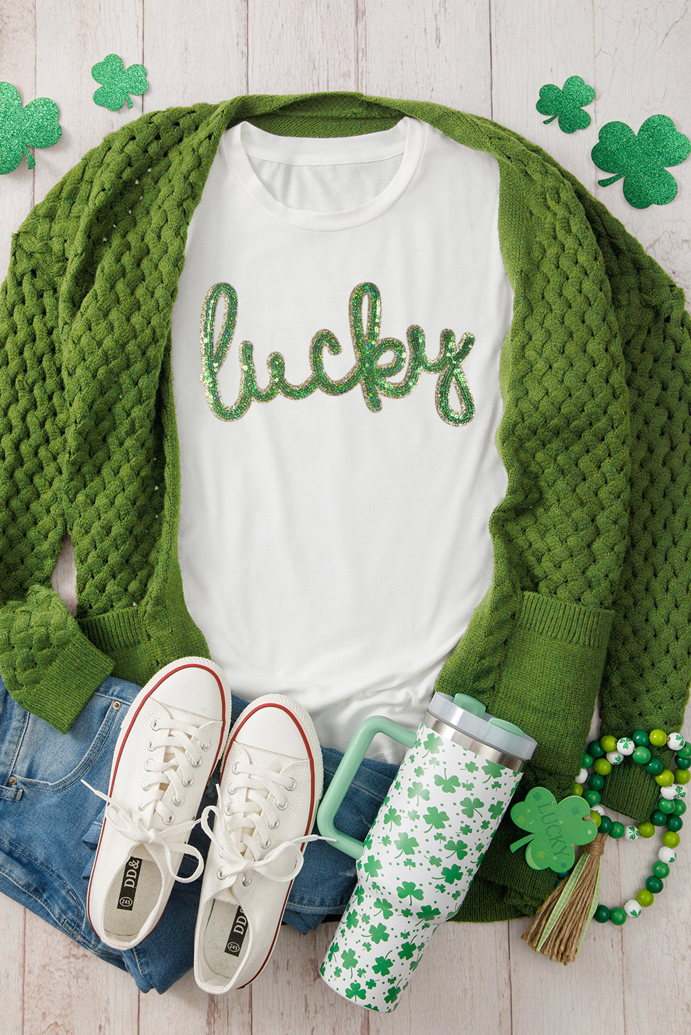 White Sequined Lucky St.Patricks Day Graphic Tee Graphic Tees JT's Designer Fashion