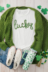 White Sequined Lucky St.Patricks Day Graphic Tee Graphic Tees JT's Designer Fashion
