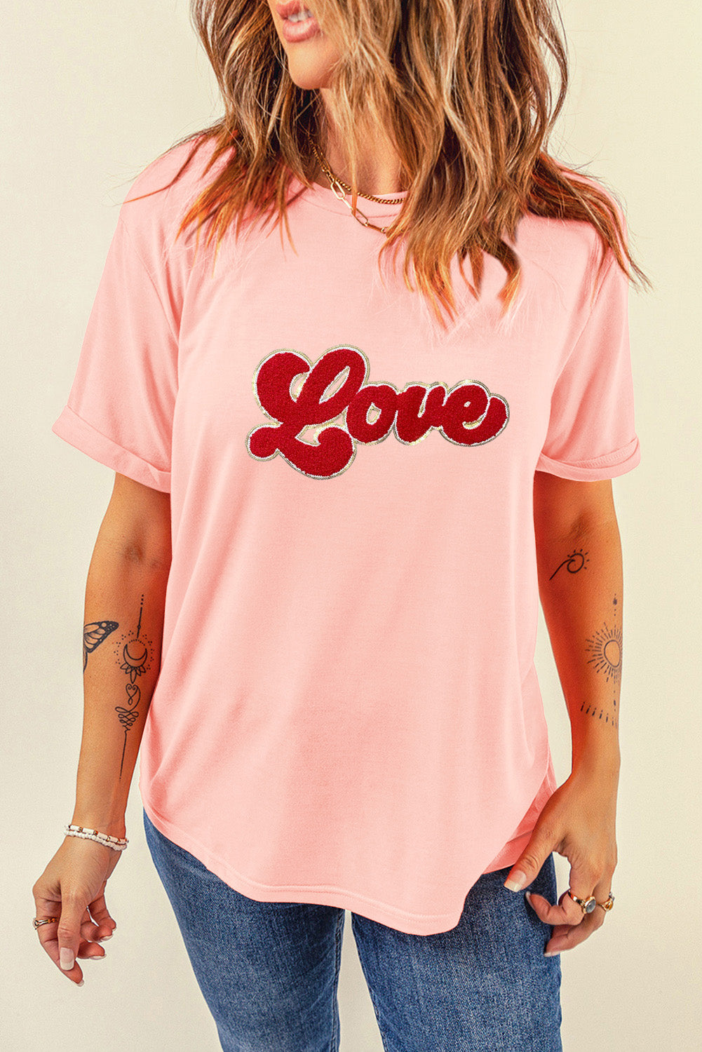 Pink Chenille Love Patched Pattern Round Neck Valentines T Shirt Graphic Tees JT's Designer Fashion