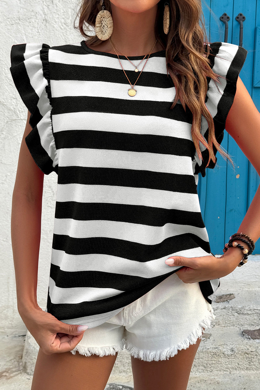 Black Stripe Flutter Sleeve Round Neck T Shirt Pre Order Tops JT's Designer Fashion