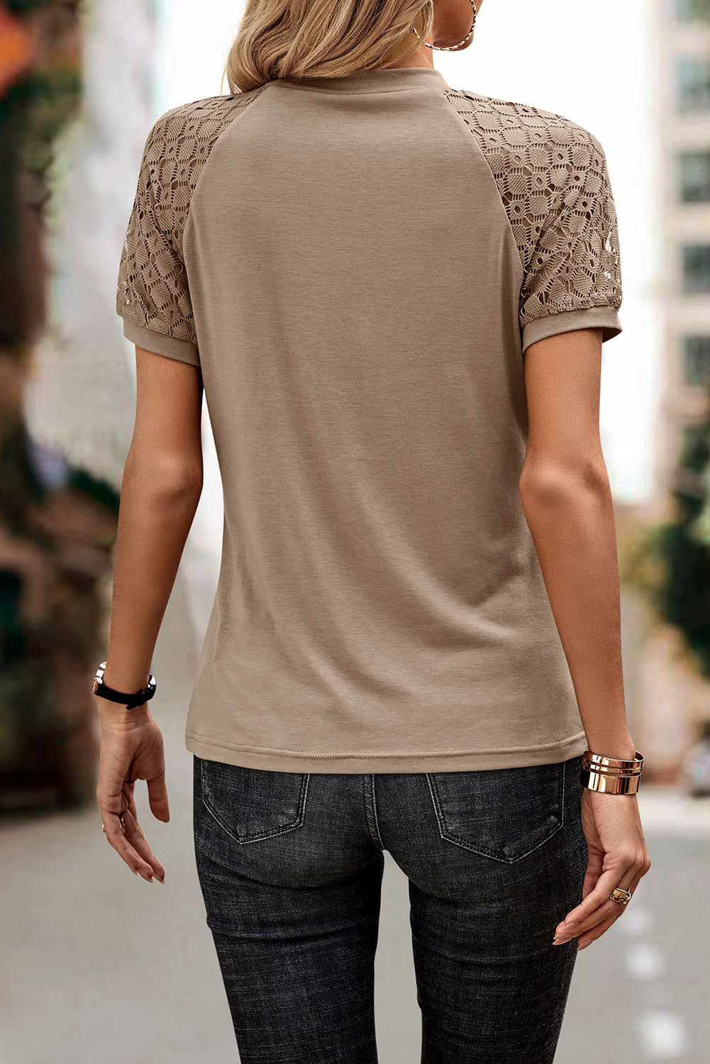 Pale Khaki Seamed Detail Contrast Lace Raglan Sleeve Tee Pre Order Tops JT's Designer Fashion