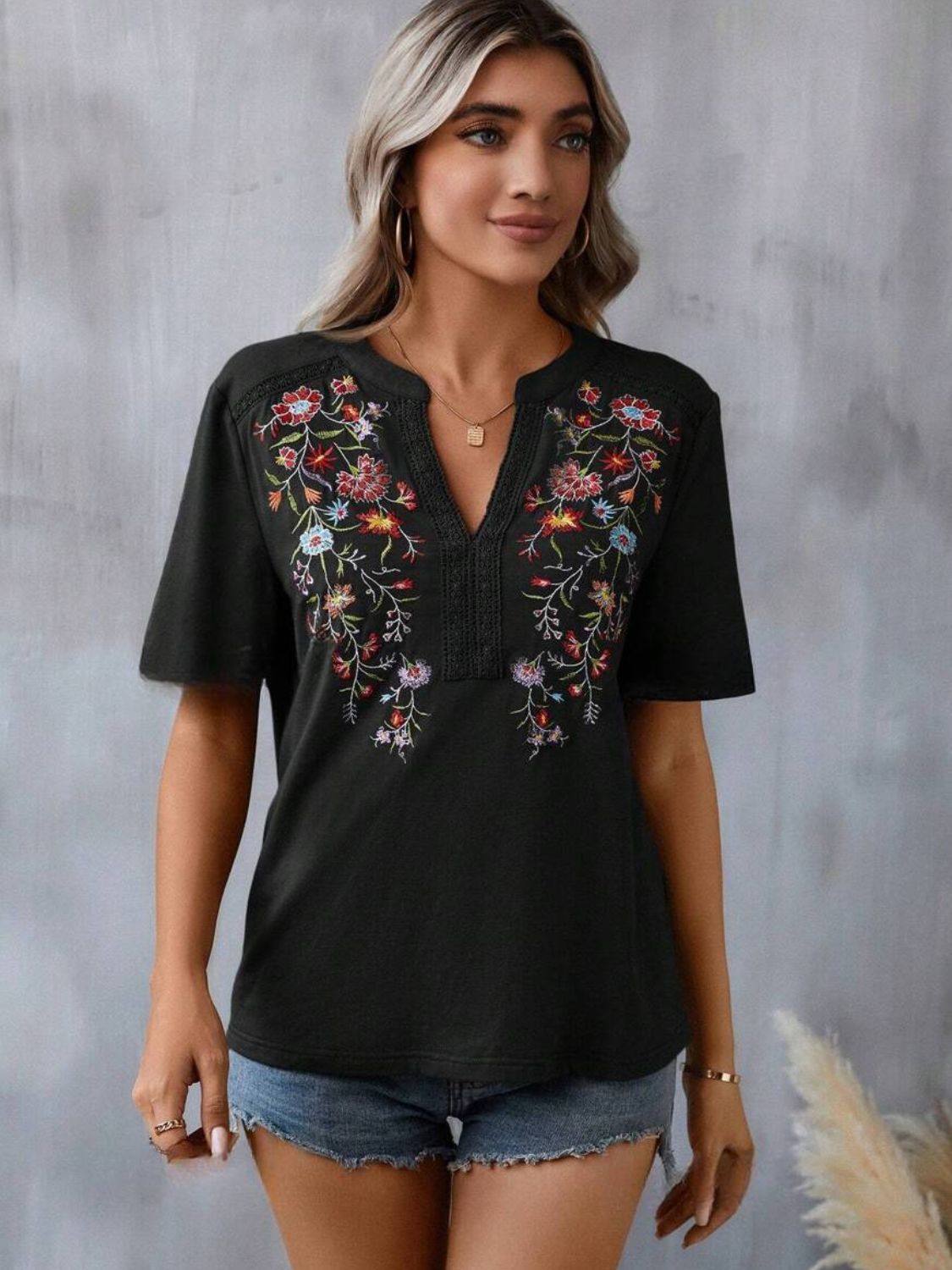 Embroidered Notched Short Sleeve T-Shirt Blouses & Shirts JT's Designer Fashion