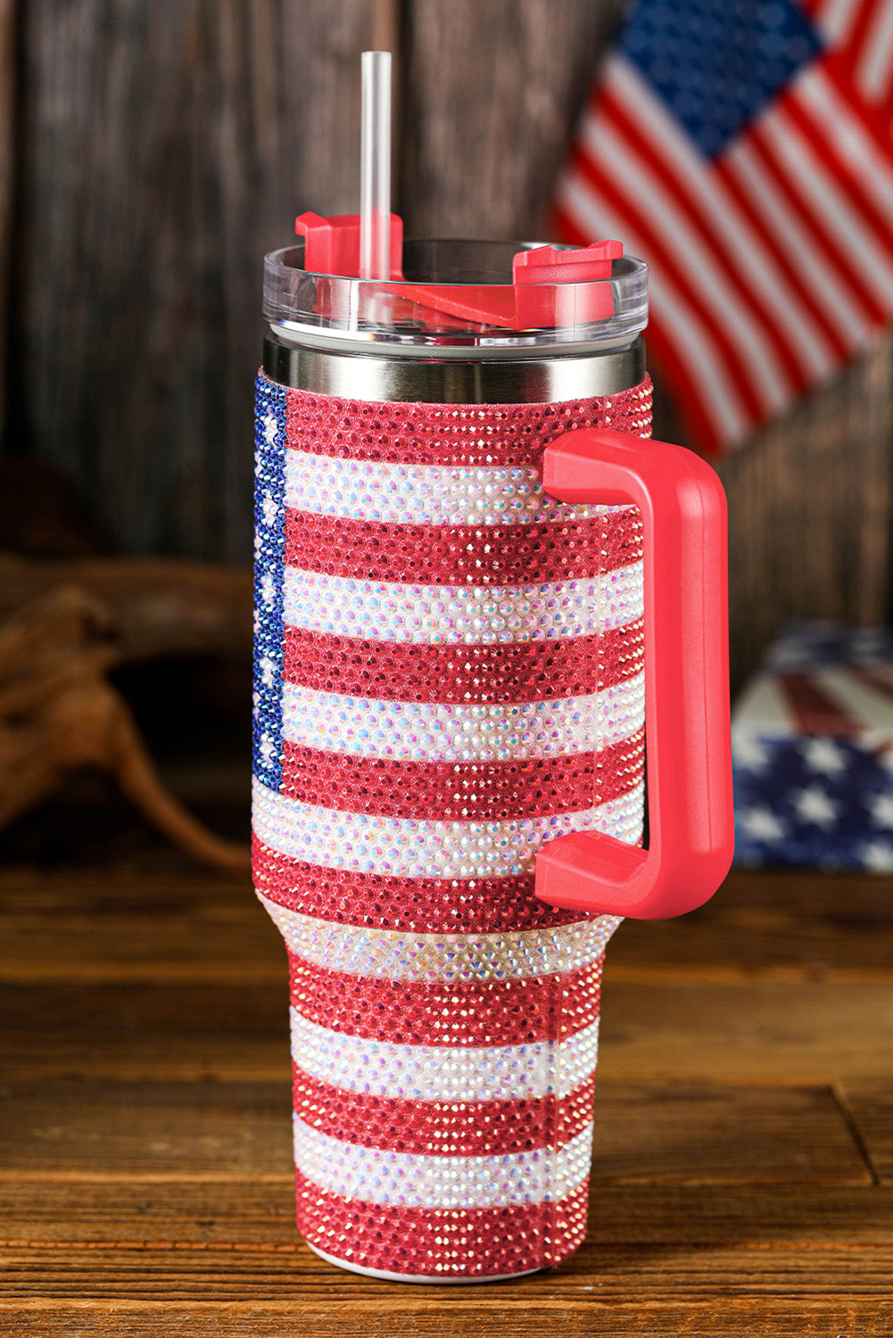 Red Rhinestone American Flag Print Handled 40oz Thermos Tumbler Tumblers JT's Designer Fashion