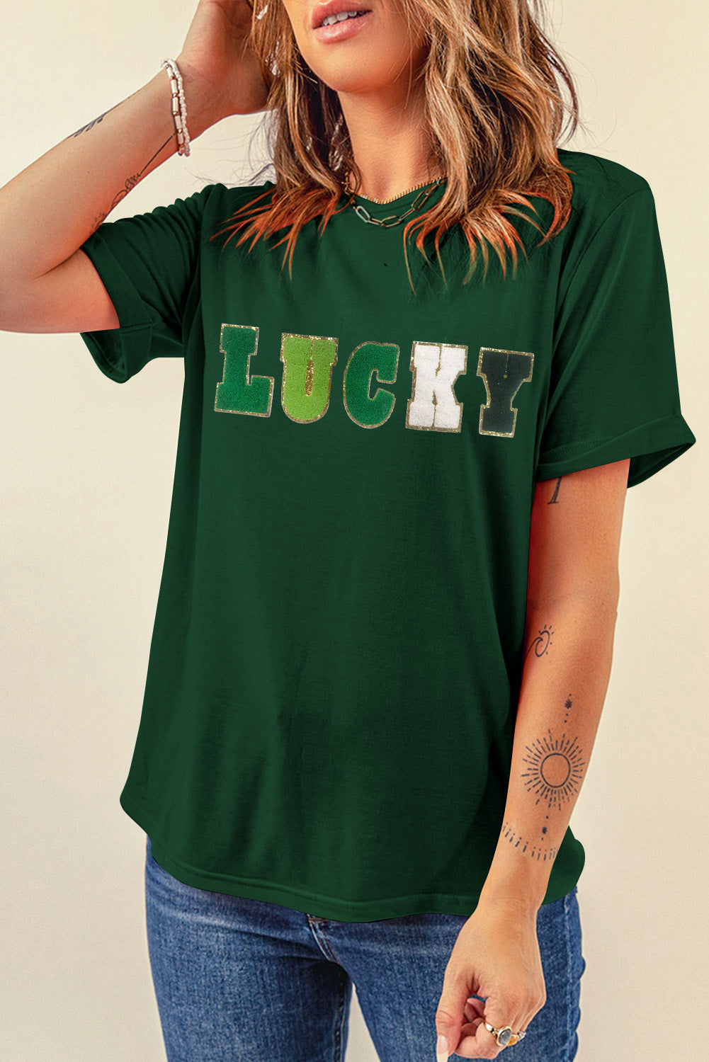 Green LUCKY Glitter Chenille Patched Crew Neck T Shirt Graphic Tees JT's Designer Fashion