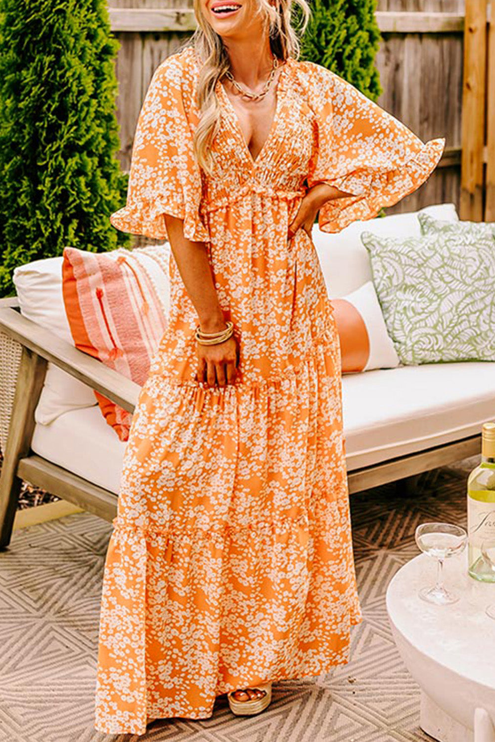 Orange Floral Print Smocked V Neck Wide Sleeve Maxi Dress Floral Dresses JT's Designer Fashion