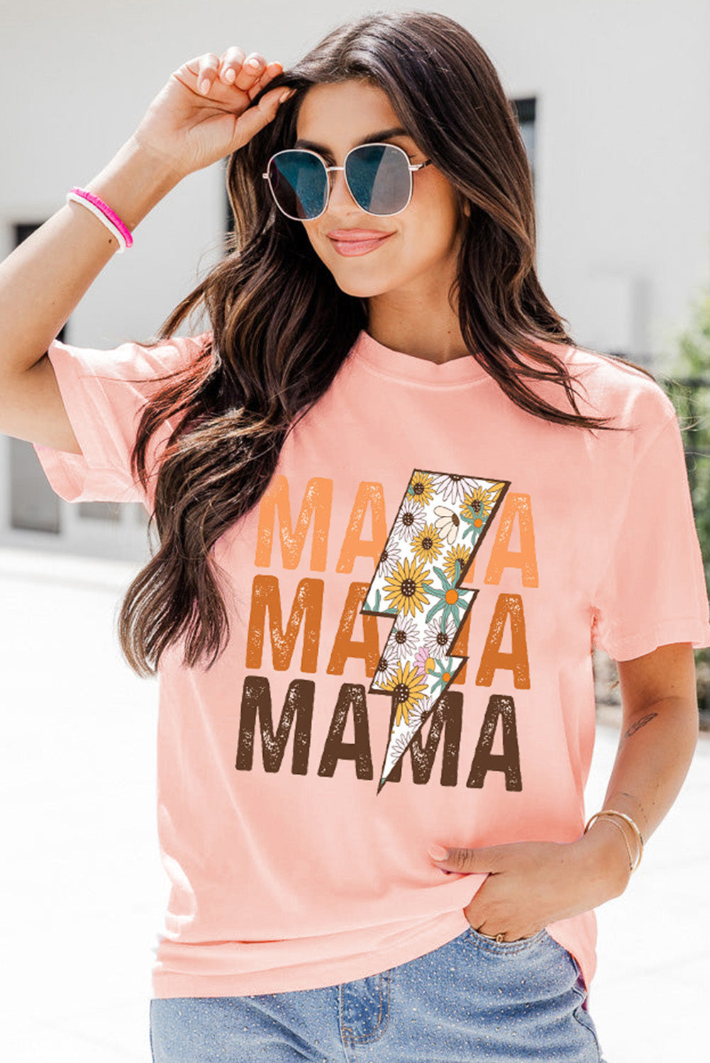 Pink MAMA Sunflower Bolt Graphic T Shirt Graphic Tees JT's Designer Fashion