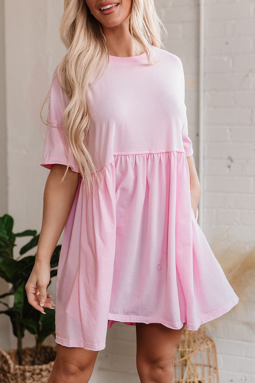 Light Pink Solid Color Pocketed Raw Edge Babydoll Dress Mini Dresses JT's Designer Fashion