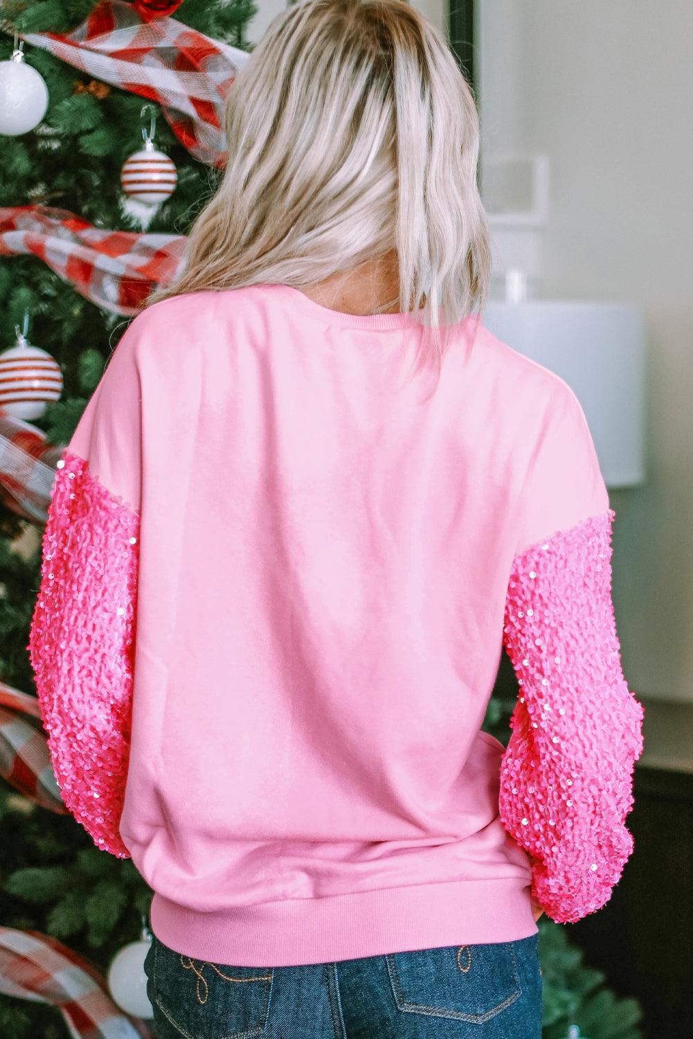 Pink Merry Christmas Graphic Sequin Sleeve Patchwork Top Graphic Sweatshirts JT's Designer Fashion