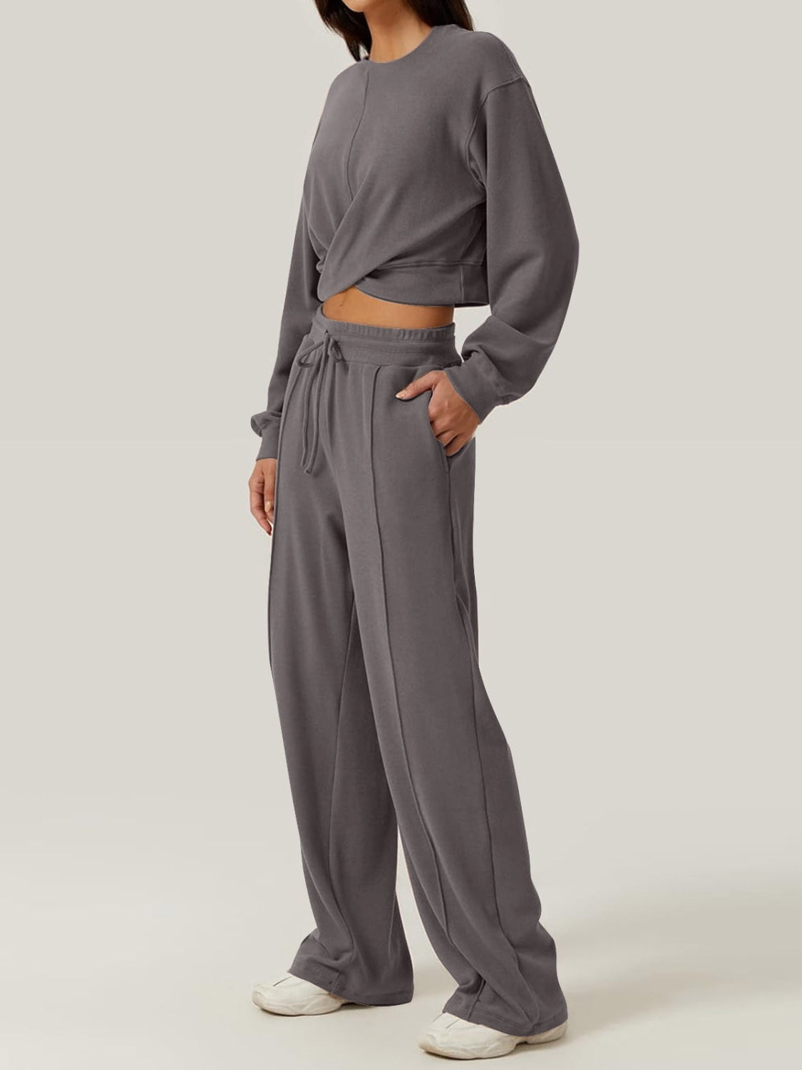 Crisscross Round Neck Top and Drawstring Pants Set Pant Sets JT's Designer Fashion