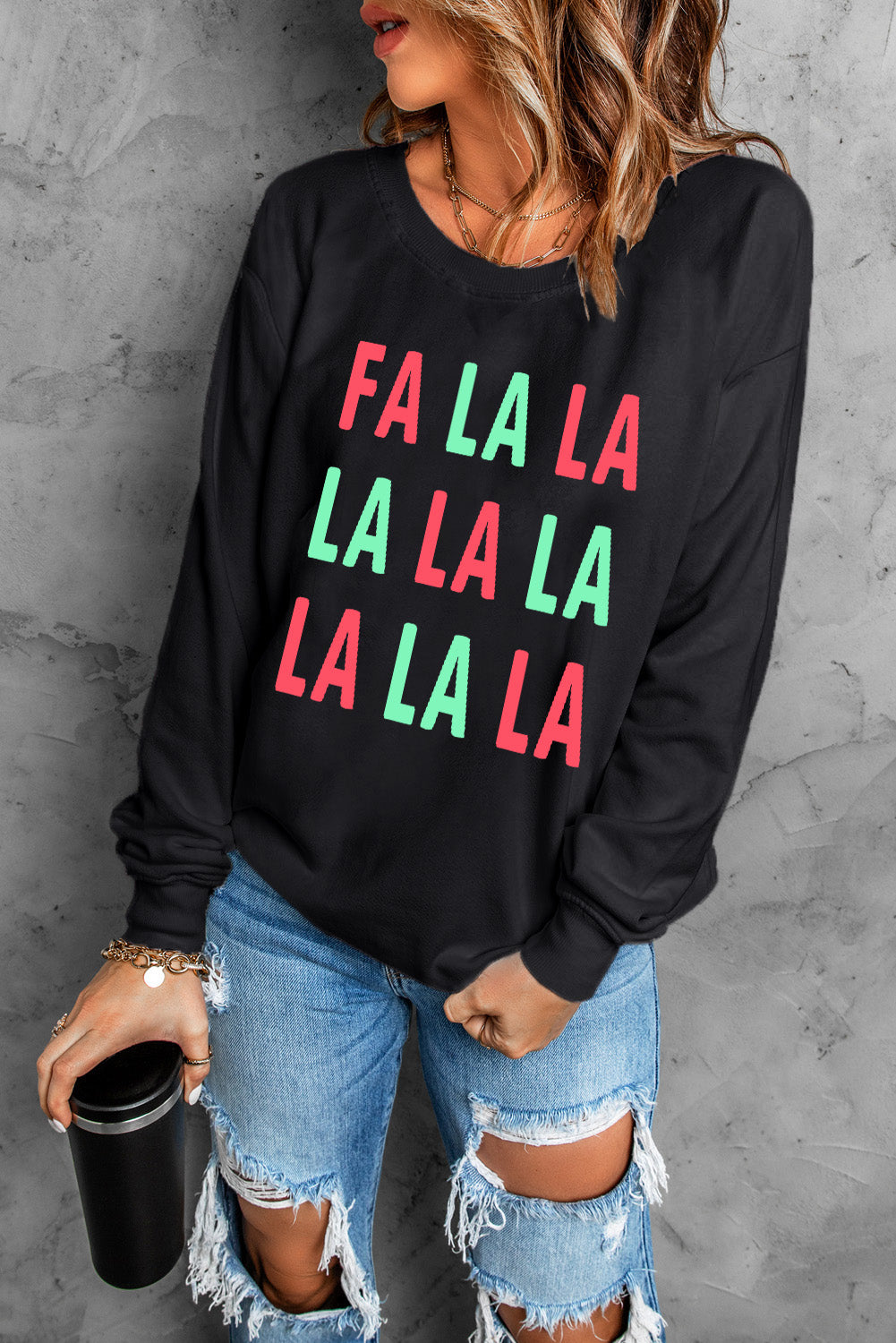 Black FA LA LA Christmas Letter Graphic Sweatshirt Graphic Sweatshirts JT's Designer Fashion