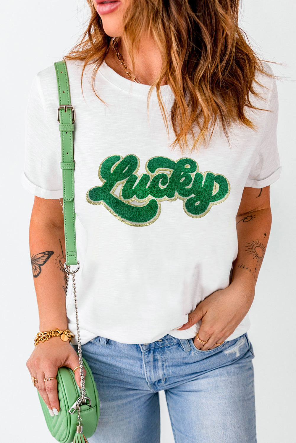 White St. Patrick Lucky Chenille Glitter Patched Graphic T Shirt Graphic Tees JT's Designer Fashion