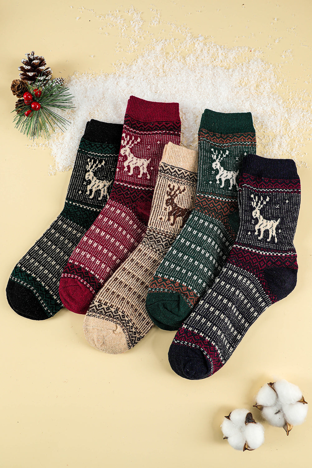 Blackish Green 5 Pairs/Set Christmas Reindeer Soft Crew Socks Socks JT's Designer Fashion