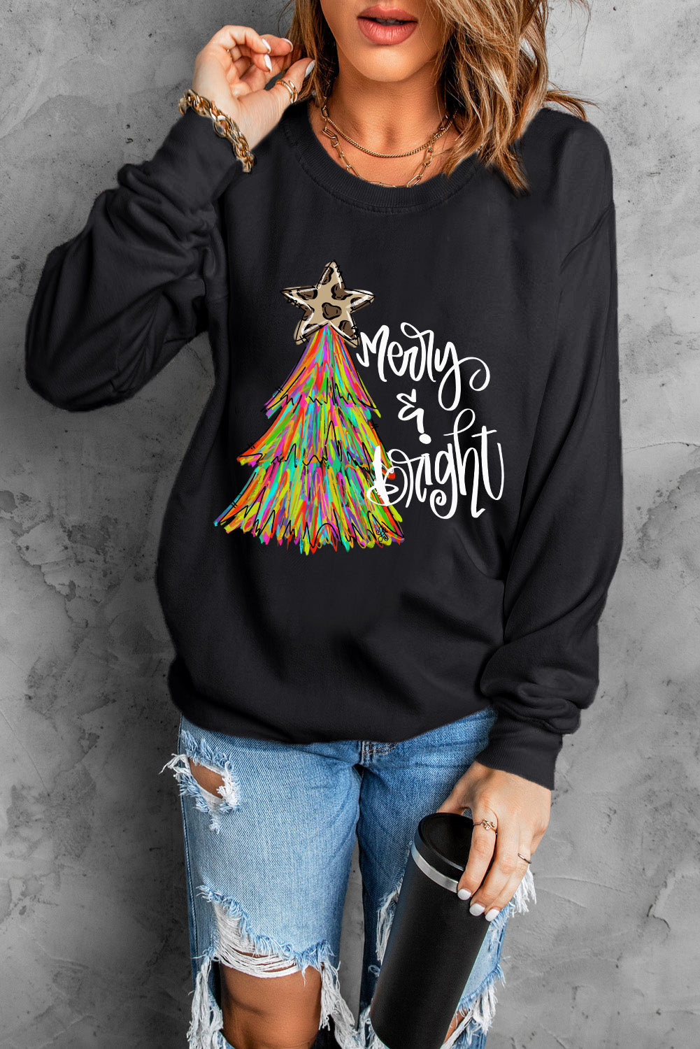 Black Merry & Bright Christmas Tree Graphic Sweatshirt Graphic Sweatshirts JT's Designer Fashion