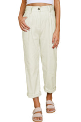 Beige Corduroy High Waist Straight Leg Pants Pants & Culotte JT's Designer Fashion