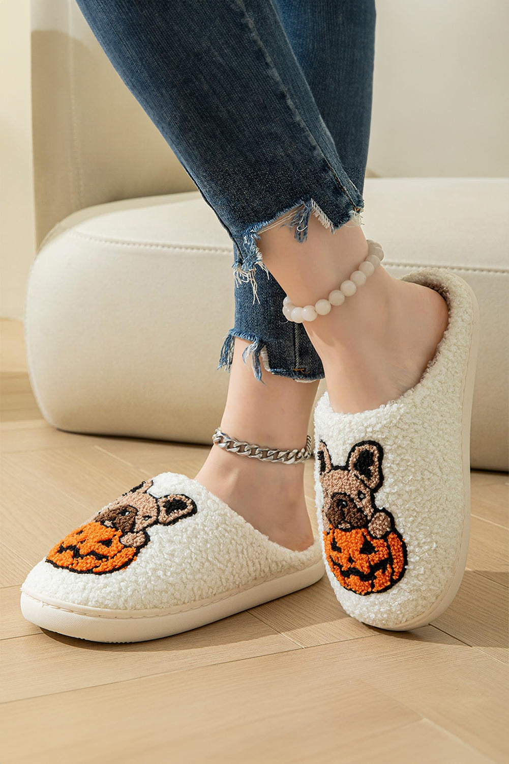 White Halloween Dog Pumpkin Pattern Fuzzy Slippers Slippers JT's Designer Fashion