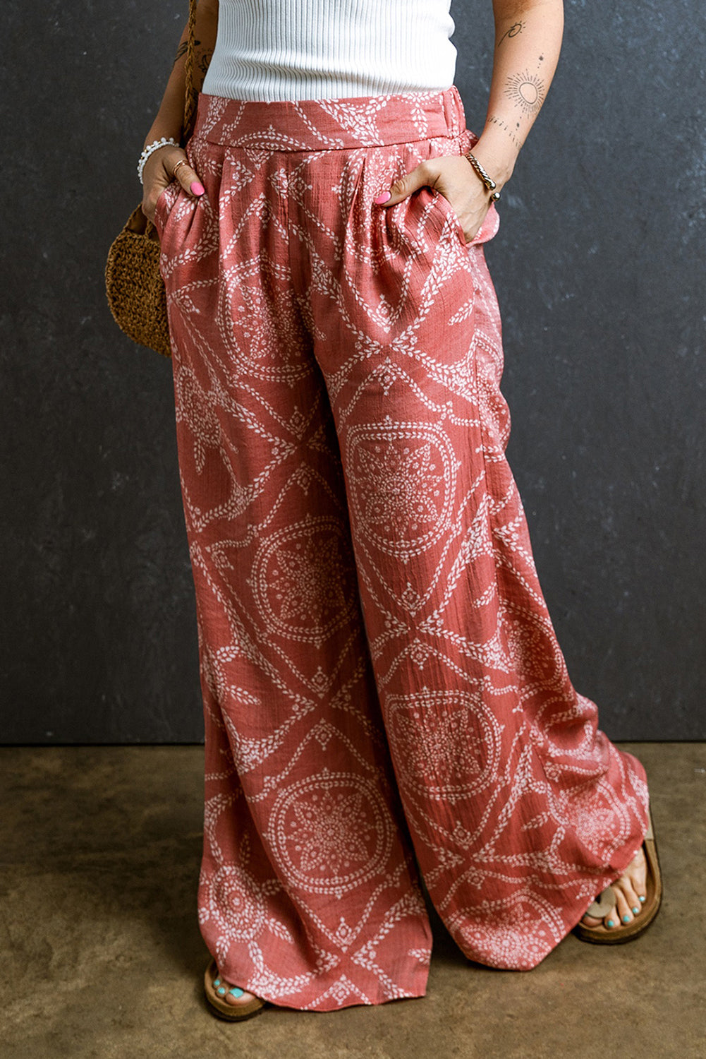 Pink Abstract Geometric Print Wide Leg Casual Pants Bottoms JT's Designer Fashion