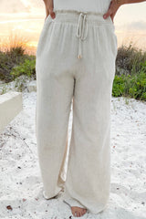 Beige Smocked High Waist Wide Leg Plus Size Pants Plus Size Bottoms JT's Designer Fashion