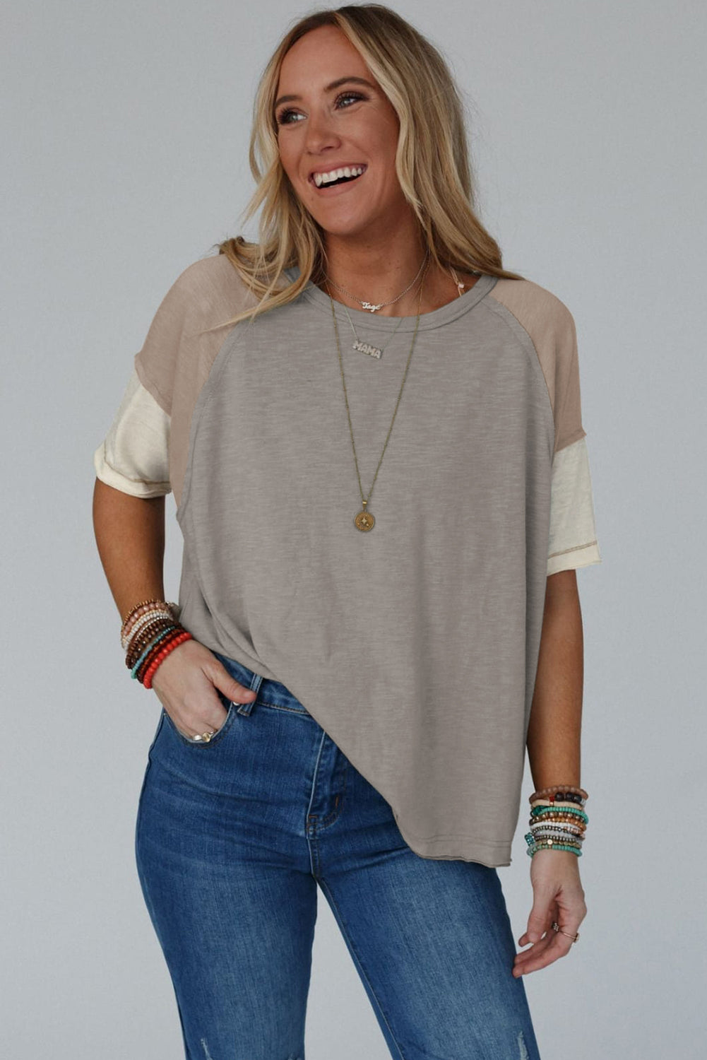 Simply Taupe Exposed Seam Colorblock Loose Tee Tops & Tees JT's Designer Fashion