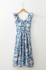 Sky Blue Floral U Neck Flutter Shoulder Tiered Flowy Midi Dress Floral Dresses JT's Designer Fashion