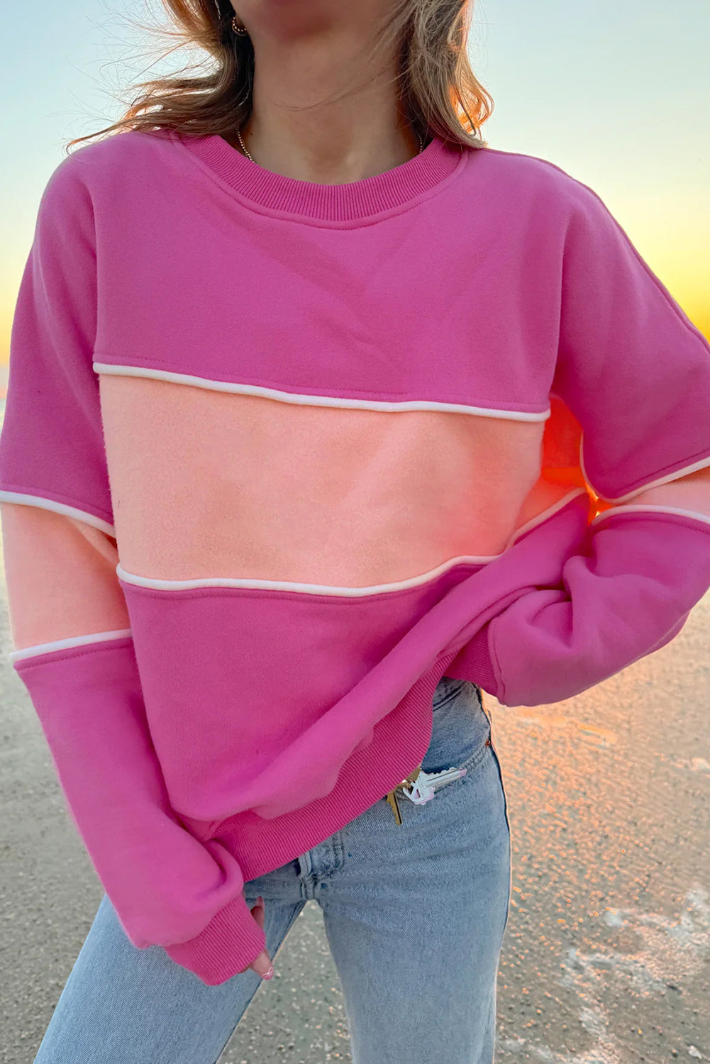 Sachet Pink Colorblock Patchwork Drop Shoulder Ribbed Trim Sweatshirt Sweatshirts & Hoodies JT's Designer Fashion